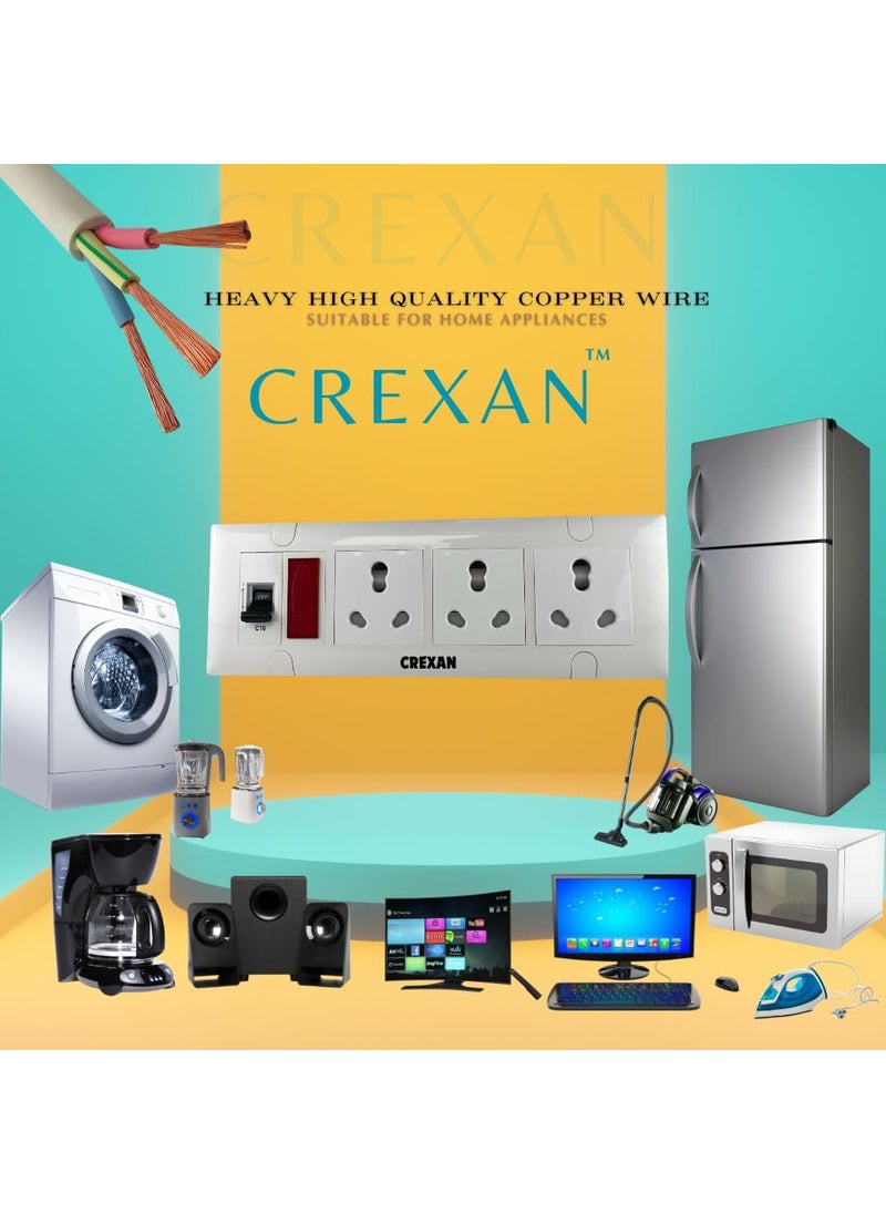 CREXAN Crexan Extension Board 6A16A 15002500W with 616A Socket 3nos with Safety Shutter 16A MCB with Power Indicator 25 Sqmm 3 Core White Copper Wire 2500Wattage 6A Small Plug 10 Meter  - Image 2