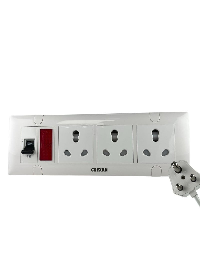 CREXAN Crexan Extension Board 6A16A 15002500W with 616A Socket 3nos with Safety Shutter 16A MCB with Power Indicator 25 Sqmm 3 Core White Copper Wire 2500Wattage 6A Small Plug 10 Meter  - Image 1