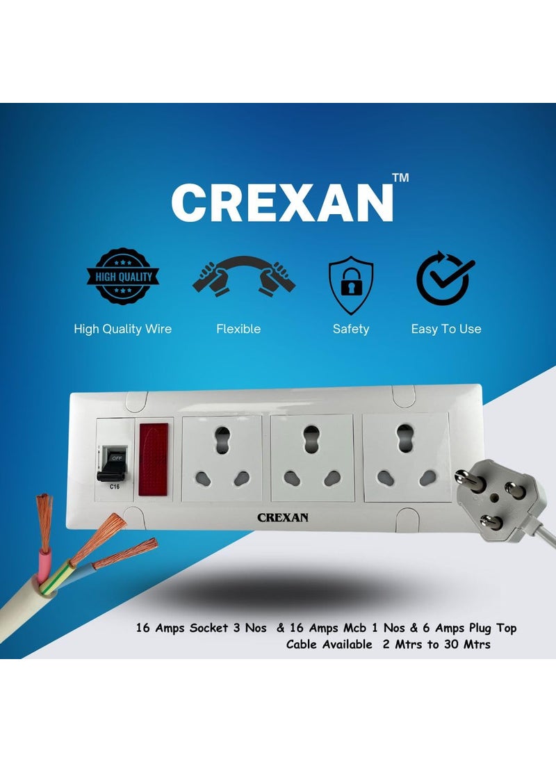 CREXAN Crexan Extension Board 6A16A 15002500W with 616A Socket 3nos with Safety Shutter 16A MCB with Power Indicator 25 Sqmm 3 Core White Copper Wire 2500Wattage 6A Small Plug 10 Meter  - Image 4