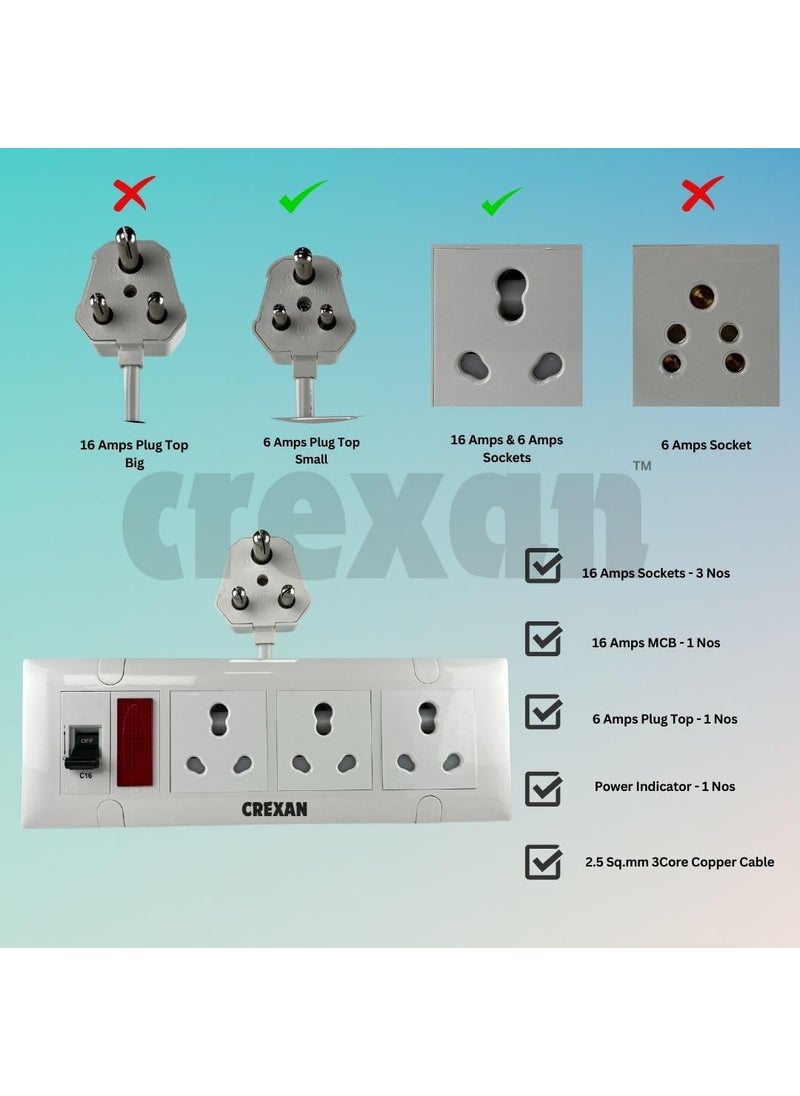 CREXAN Crexan Extension Board 6A16A 15002500W with 616A Socket 3nos with Safety Shutter 16A MCB with Power Indicator 25 Sqmm 3 Core White Copper Wire 2500Wattage 6A Small Plug 10 Meter  - Image 3
