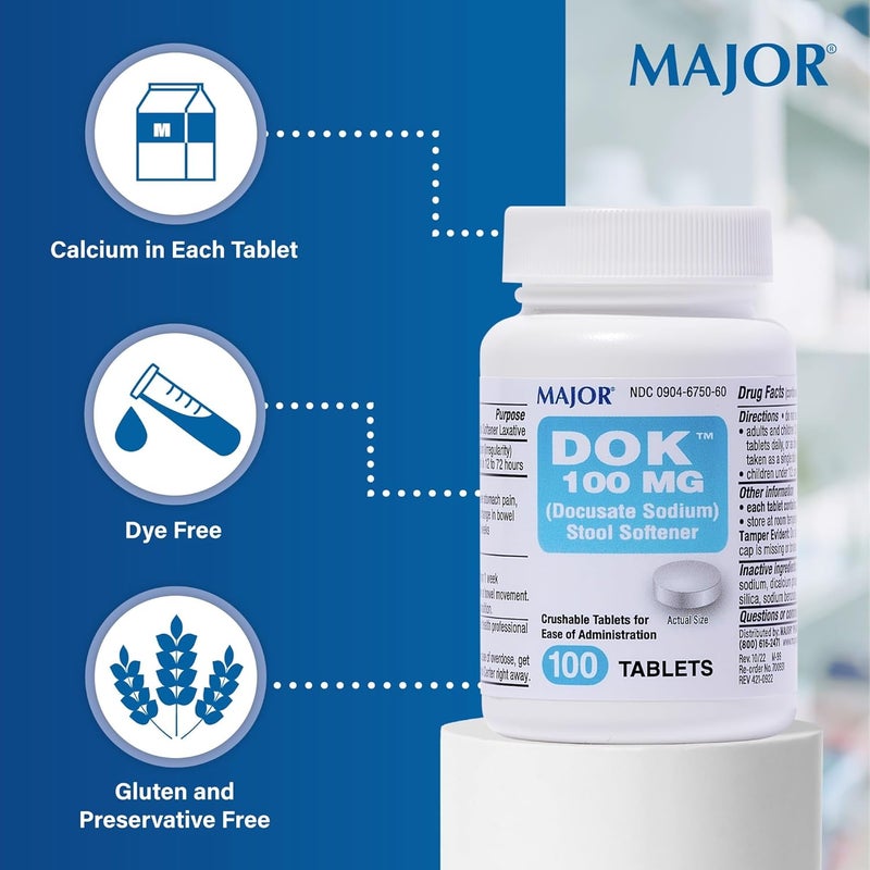 Major Docusate Sodium 100 mg  Stool Softener Tablets for Constipation Relief  Helps Stop Constipation  Stool Softeners for Women Men and Kids Ages 12  100 Tablets - Image 4