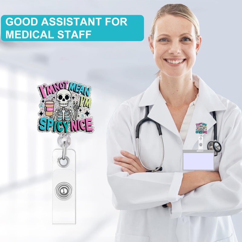 Vozekrod Funny Badge Reel - I'm Not Mean I'm Spicy Nice - Skeleton Coffee ID Holder with 24" Retractable Swivel Clip - Perfect Nurse Gift for Women, Students & Office Staff - Image 4