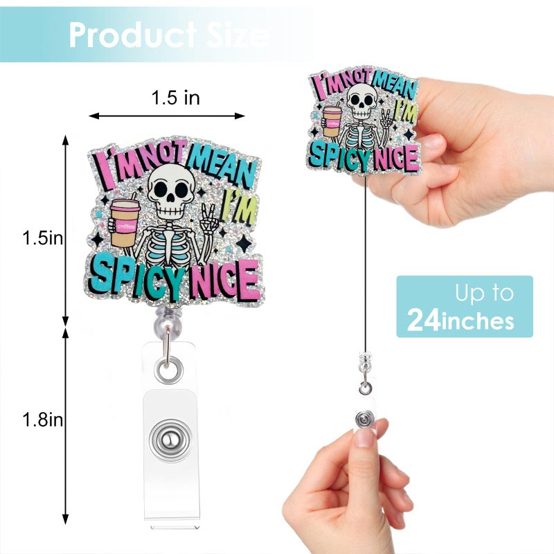 Vozekrod Funny Badge Reel - I'm Not Mean I'm Spicy Nice - Skeleton Coffee ID Holder with 24" Retractable Swivel Clip - Perfect Nurse Gift for Women, Students & Office Staff - Image 2