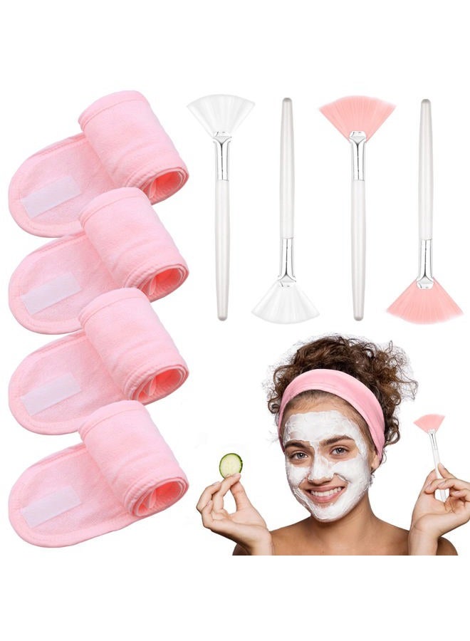 LAPOHI 4 Pack Adjustable Towel Headbands for Washing Face with 4 Pieces Fan Brushes, Facial Mask Brush and Spa Facial Headbands for Women and Grils Skincare Headband for Facial Esthetician Supplies - Image 1