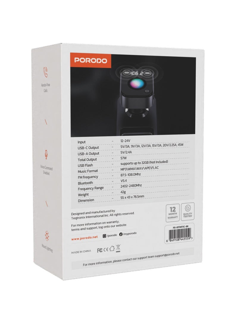 porodo - Dual Microphone FM Transmitter & Charger with Voice Command and Hands-Free Calls / Mood Lighting / Music Playing and Phone Charging - Black - Image 1