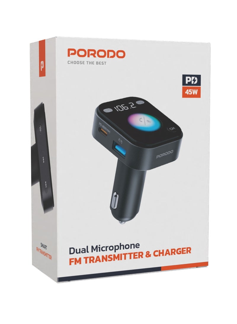 porodo - Dual Microphone FM Transmitter & Charger with Voice Command and Hands-Free Calls / Mood Lighting / Music Playing and Phone Charging - Black - Image 1