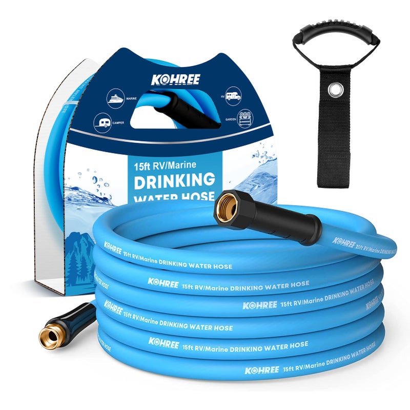 Kohree 58 x 15 Ft RV Water Hose Premium Drinking Water Hose with NoKink Design Leak Free Lightweight Short Garden Hose 15 ft with Strap Ideal RV Accessories for RV Camper Garden  Blue