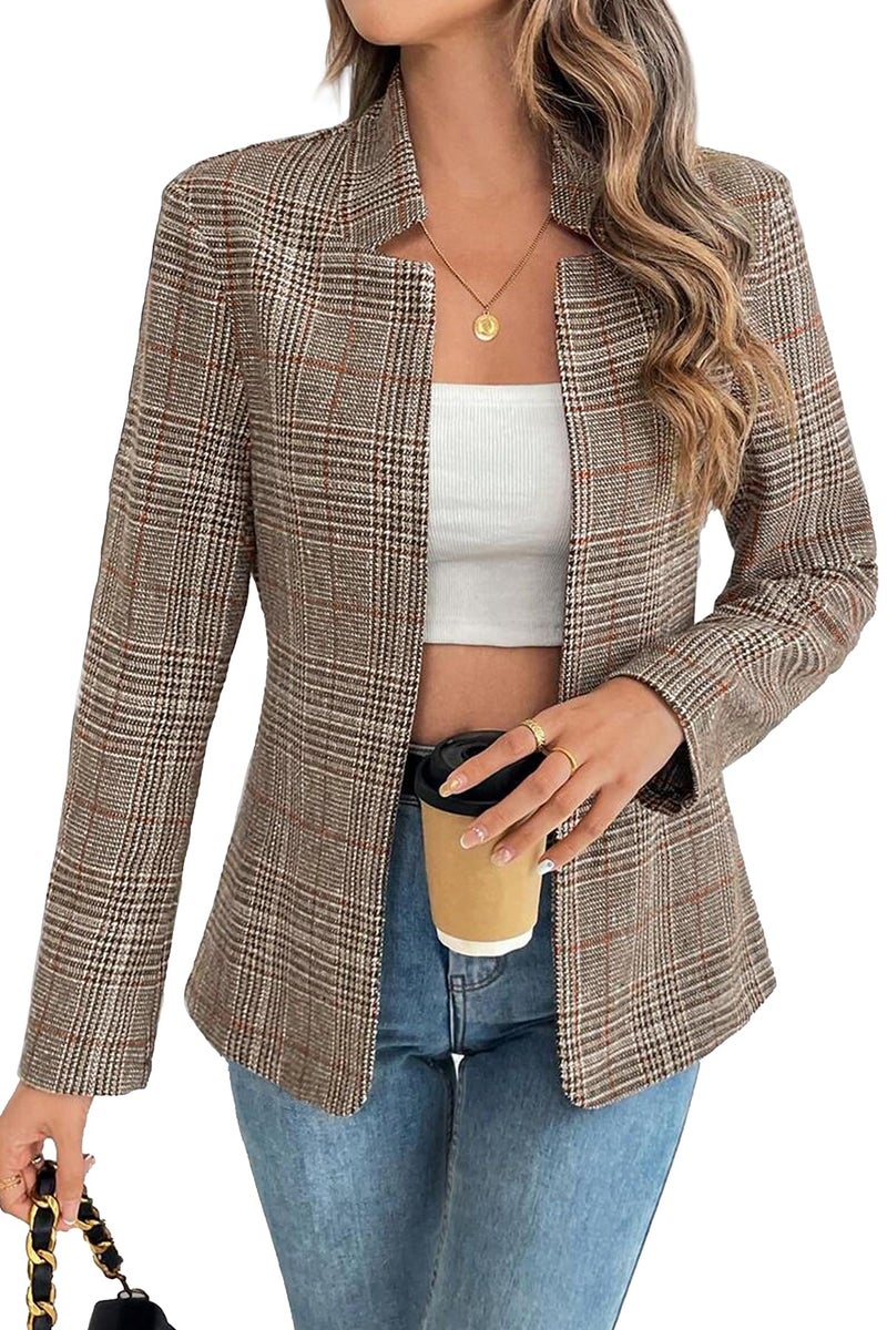 ELLEVEN Plaid Blazer for Women Tweed Fashion Trendy Boyfried Outfits for Work Business Casual Notch Collar Long Sleeve Houndstooth Suit Slim Fit Jacket Coat Brown Plaid Large - Image 1