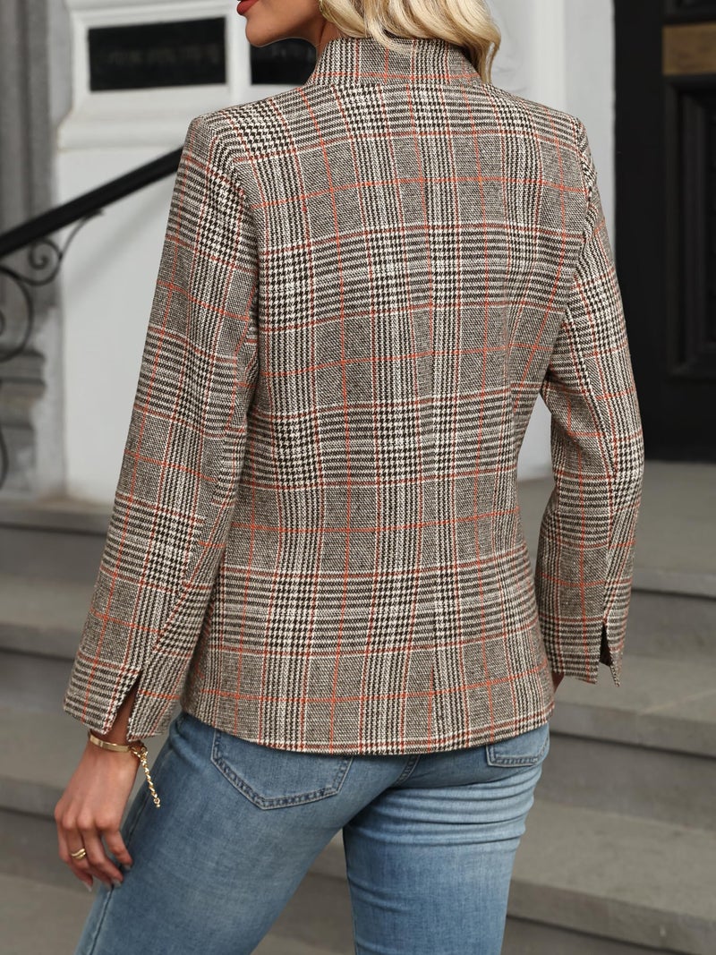ELLEVEN Plaid Blazer for Women Tweed Fashion Trendy Boyfried Outfits for Work Business Casual Notch Collar Long Sleeve Houndstooth Suit Slim Fit Jacket Coat Brown Plaid Large - Image 2