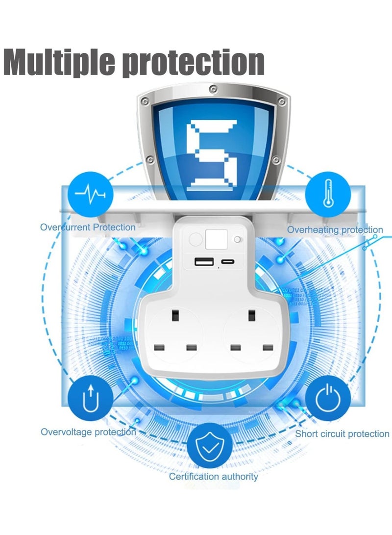 SYOSI Double Plug Adapter with USB and Type C Ports, 2-Way Extension Multi-Socket Wall Charger with Night Light & Shelf, 10A Power Socket for Bedroom, Office, Kitchen - Image 5
