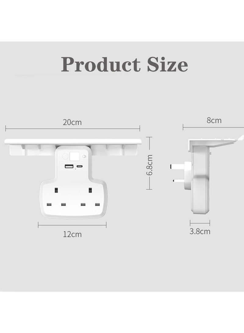 SYOSI Double Plug Adapter with USB and Type C Ports, 2-Way Extension Multi-Socket Wall Charger with Night Light & Shelf, 10A Power Socket for Bedroom, Office, Kitchen - Image 3