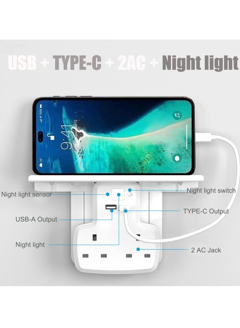 SYOSI Double Plug Adapter with USB and Type C Ports, 2-Way Extension Multi-Socket Wall Charger with Night Light & Shelf, 10A Power Socket for Bedroom, Office, Kitchen - Image 2