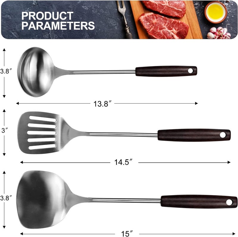 Potency 15Inch Stainless Steel Kitchen Utensils, Metal Professional Cooking Spatula with Wooden Handled for Cooking, Kitchen Tools - Slotted Spatula - Image 5