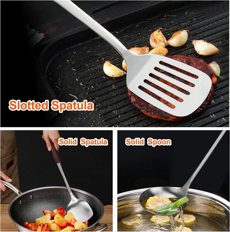 Potency 15Inch Stainless Steel Kitchen Utensils, Metal Professional Cooking Spatula with Wooden Handled for Cooking, Kitchen Tools - Slotted Spatula - Image 4