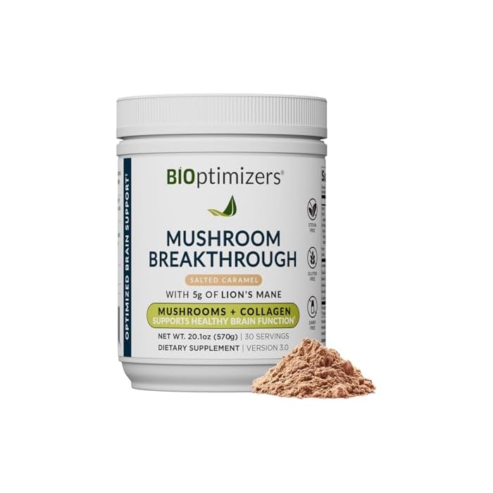 BIOptimizers Mushroom Coffee Alternative – Salted Caramel Drink – Lion’s Mane, Chaga, Reishi + Collagen Peptides for Focus, Energy & Gut Health – Adaptogenic Mushrooms & MCT Powder – 30 Servings - Image 1