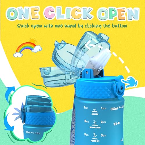OLDLEY Kids Water Bottle for School, 12 oz (2 lids) BPA-Free Reusable Leak-proof Durable Tritan Plastic Water Bottles with Straw & Chug Lids, Anti-dust Spout Cover (Blue) - Image 5