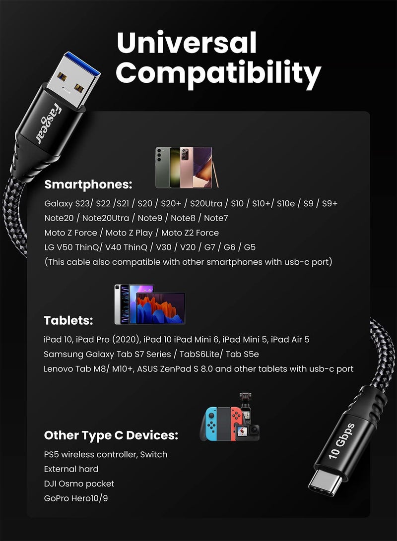 فاسجير كابل USB-C بطول 4.9 قدم - كابل USB-A إلى Type-C 3.2 Gen 2 مضفر بسرعة 10 جيجابت في الثانية، كابل بيانات Type-C متوافق مع Android Auto، شحن سريع 3 أمبير، متوافق مع أقراص SSD المحمولة، هاتف Galaxy S23، سلسلة X-box، جهاز تحكم PS5، وأجهزة USB-C. - Image 5