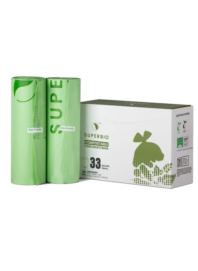 SuperBio Compostable 33 Gallon Garbage Bags, Unscented Strong Large Trash Can Liner, 40 Count, Sturdy Lawn & Leaf Yard Bags. Certified by BPI and OK compost - Image 1