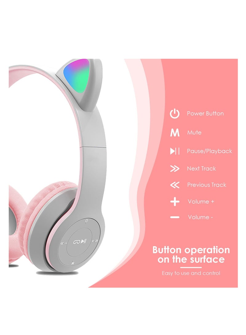 Excefore Kids Bluetooth Headphones with LED Cat Ears, Wireless Wired Mode, 40mm Driver Unit, Foldable Stereo Over Ear Headphones with Mic, Bluetooth 5.0 Girls Headphones for Smartphones, PC, iPad, Gray Pink - Image 2