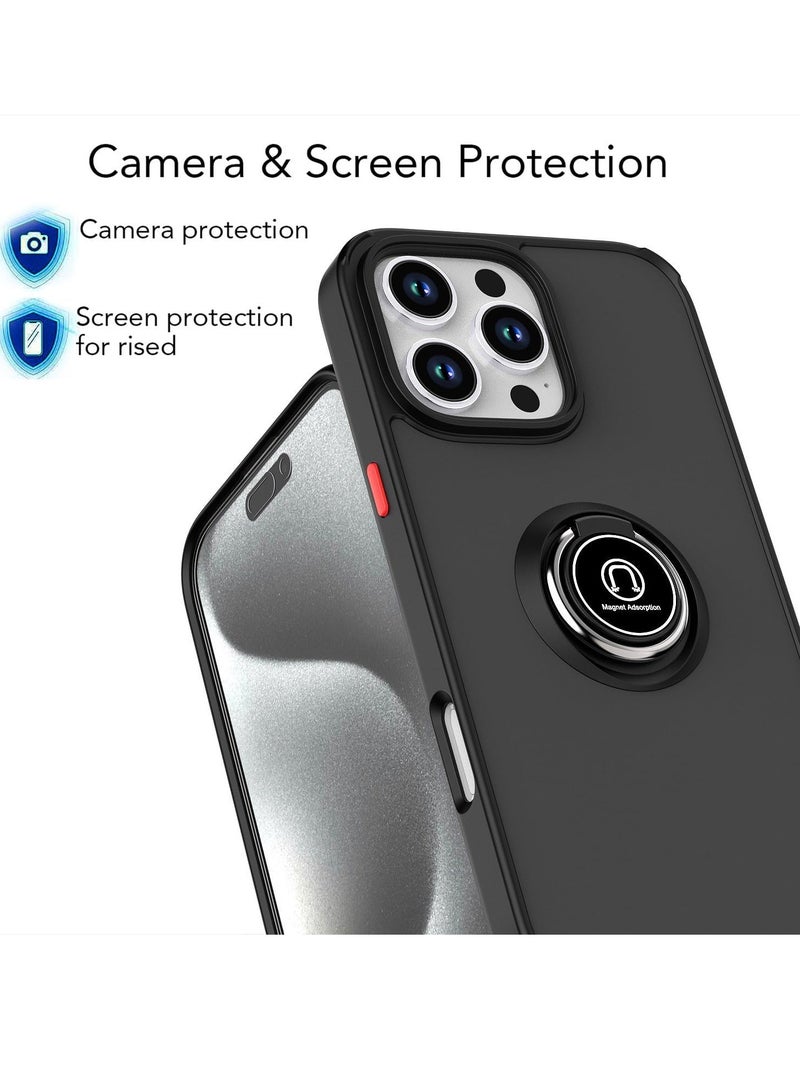 ELTRAZONE iPhone 16 Pro Case – Black Matte Shockproof Bumper with Metal Ring Holder Kickstand & Magnetic Car Mount - Image 2