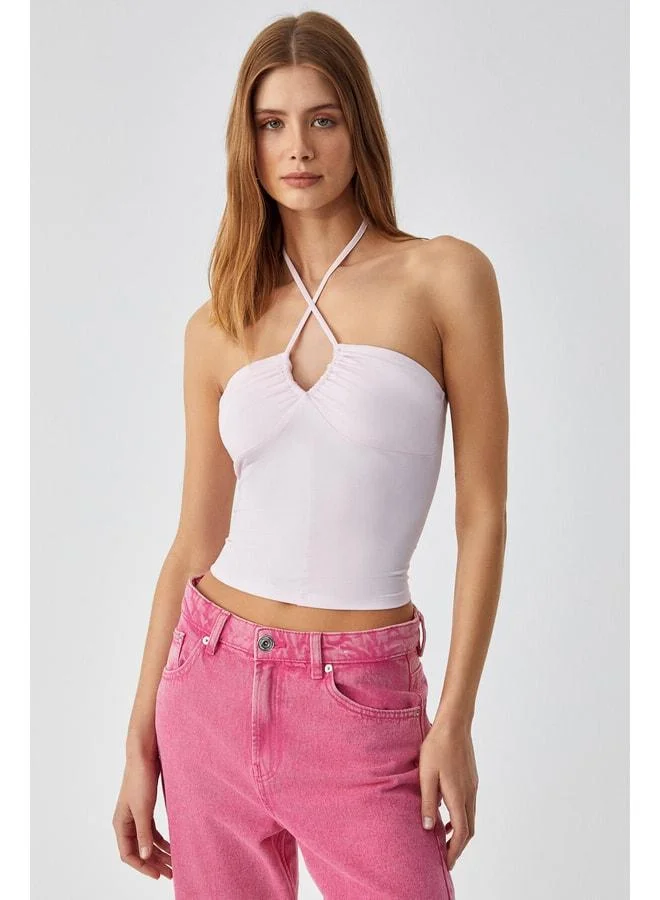 Ethiquet URICI Women's Slim Strap Neckline Tie-Back Thin Short Pink Blouse.