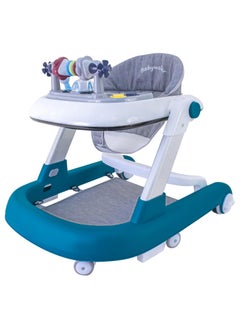 Foldable Baby Walker, 3 in 1 Toddler Walker Bouncer, Learning-Seated, Walk-Behind, Music, Adjustable Height, High Back Padded Seat, Detachable Trampoline Mat, Activity Walker with Toys (Blue)
