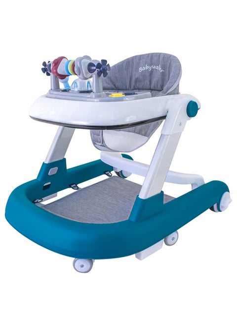 Foldable Baby Walker, 3 in 1 Toddler Walker Bouncer, Learning-Seated, Walk-Behind, Music, Adjustable Height, High Back Padded Seat, Detachable Trampoline Mat, Activity Walker with Toys (Blue)