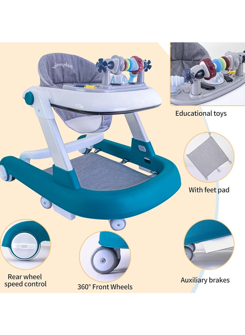 Cute ninos - Foldable Baby Walker, 3 in 1 Toddler Walker Bouncer, Learning-Seated, Walk-Behind, Music, Adjustable Height, High Back Padded Seat, Detachable Trampoline Mat, Activity Walker with Toys (Blue) - Image 1
