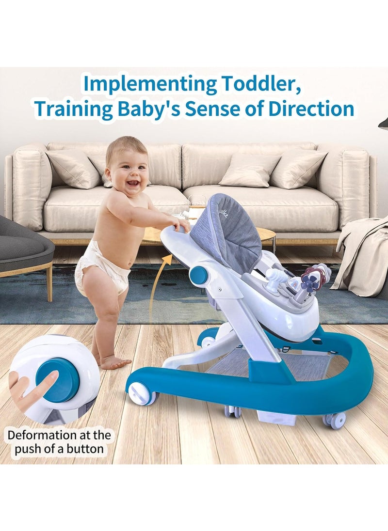 Cute ninos - Foldable Baby Walker, 3 in 1 Toddler Walker Bouncer, Learning-Seated, Walk-Behind, Music, Adjustable Height, High Back Padded Seat, Detachable Trampoline Mat, Activity Walker with Toys (Blue) - Image 1