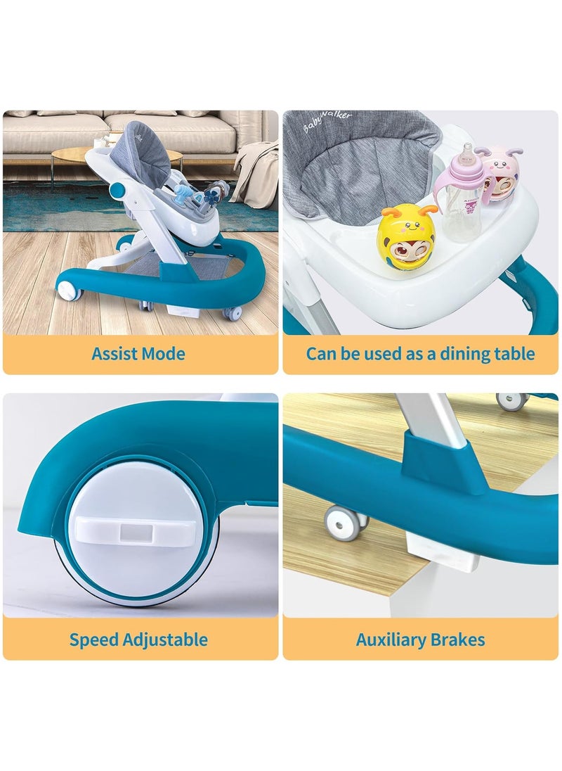 Cute ninos - Foldable Baby Walker, 3 in 1 Toddler Walker Bouncer, Learning-Seated, Walk-Behind, Music, Adjustable Height, High Back Padded Seat, Detachable Trampoline Mat, Activity Walker with Toys (Blue) - Image 1