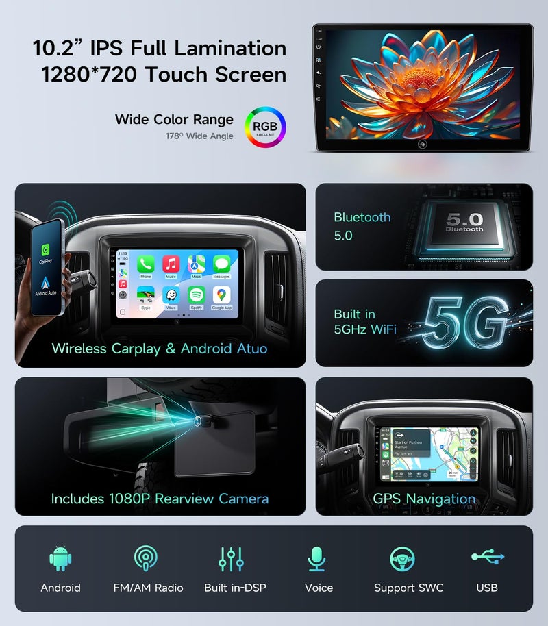 AINAVIGO 10.2" Car Stereo Radio for Chevy Silverado & GMC Sierra 2014-2018 - Wireless CarPlay & Android Auto, 5G WiFi GPS Navigation, Bluetooth FM/SWC, 1080P Backup Camera, Responsive Touchscreen - Image 5
