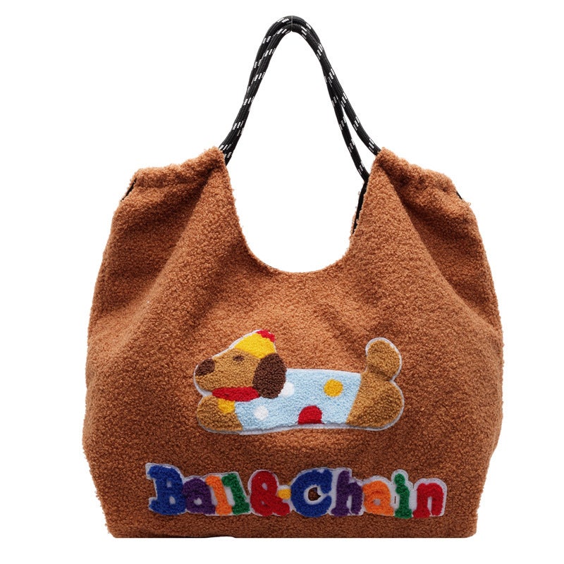 Bag Cute Dachshund Dog Large Capacity Embroidered All-Match Tote Bag Artistic Shoulder Bag Lazy Plush Women'S Handbag