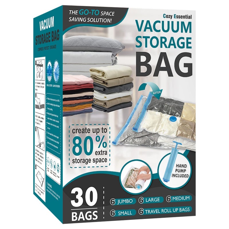 Vacuum Storage Bags, 80% Compression Vacuum Seal Space Saver Plastic Packaging Bags for Clothes, Blankets, Pillow, Bedding, Comforters, Sealer Clothing Storage