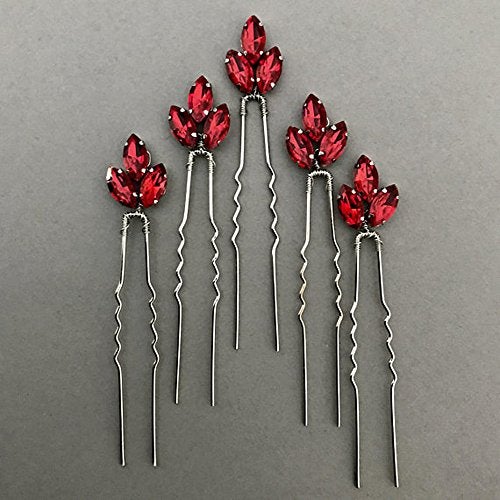 FXmimior Bride Hair Accessories Crystal Hair Pins Clip Bobby Pins Red Rhinestone Bridesmaid Headpiece Customised Wedding pack of 5 - Image 2