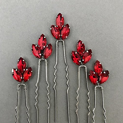 FXmimior Bride Hair Accessories Crystal Hair Pins Clip Bobby Pins Red Rhinestone Bridesmaid Headpiece Customised Wedding pack of 5 - Image 1