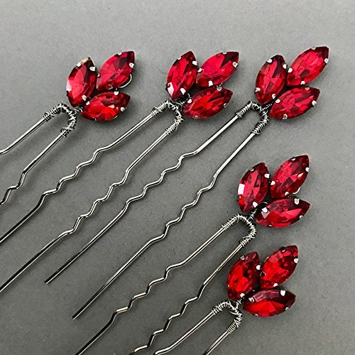 FXmimior Bride Hair Accessories Crystal Hair Pins Clip Bobby Pins Red Rhinestone Bridesmaid Headpiece Customised Wedding pack of 5 - Image 3