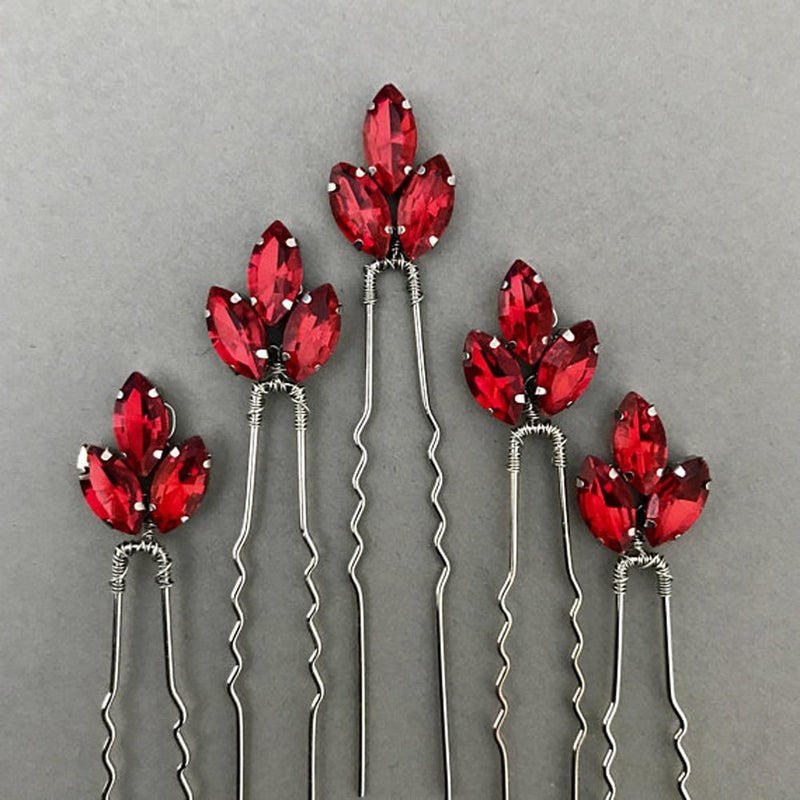 FXmimior Bride Hair Accessories Crystal Hair Pins Clip Bobby Pins Red Rhinestone Bridesmaid Headpiece Customised Wedding pack of 5 - Image 5