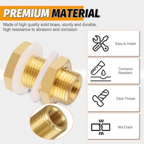 KOOTANS KOOTNAS 2-Pack Solid Brass Bulkhead Fittings, 1/4 NPT Taper Female 3/4" Straight Male Thread Brass Water Tank Connector with 4 Rubber Rings and Silicone Rings, for Tank Body, Wooden Barrels, etc - Image 3