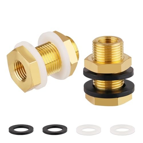 KOOTANS KOOTNAS 2-Pack Solid Brass Bulkhead Fittings, 1/4 NPT Taper Female 3/4" Straight Male Thread Brass Water Tank Connector with 4 Rubber Rings and Silicone Rings, for Tank Body, Wooden Barrels, etc - Image 1