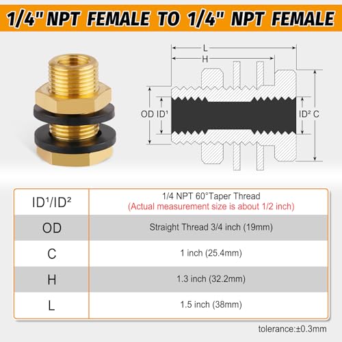 KOOTANS KOOTNAS 2-Pack Solid Brass Bulkhead Fittings, 1/4 NPT Taper Female 3/4" Straight Male Thread Brass Water Tank Connector with 4 Rubber Rings and Silicone Rings, for Tank Body, Wooden Barrels, etc - Image 2