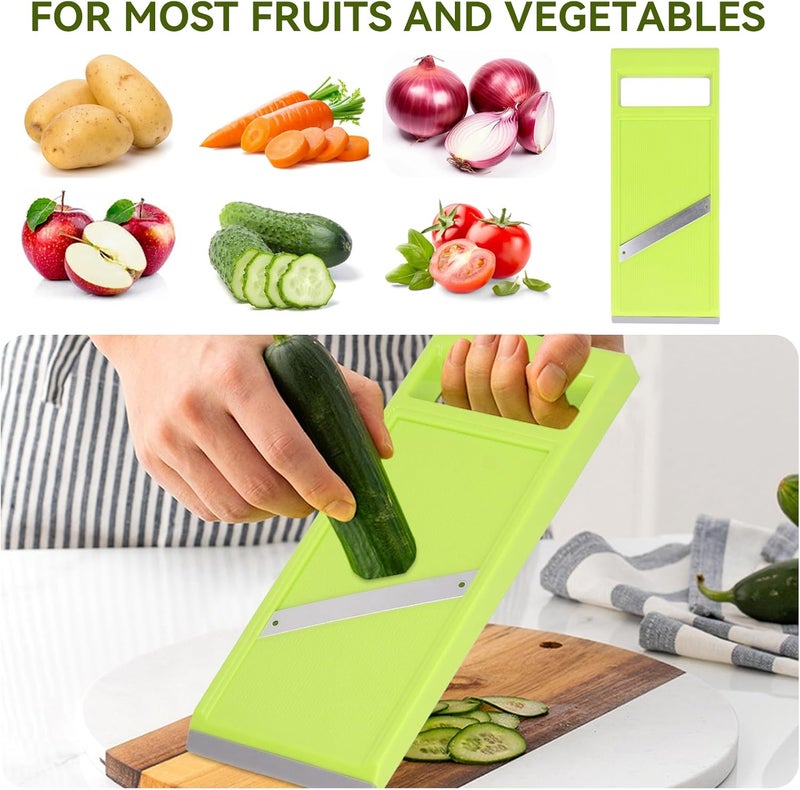 Gsycle Handheld Potato Slicer & French Fry Cutter, Stainless Steel Manual Vegetable Slicer for Chips Homemade Fries Carrots Zucchini Easy Grip Green Slicer Chip Maker (4.25x10.8in) - Image 2