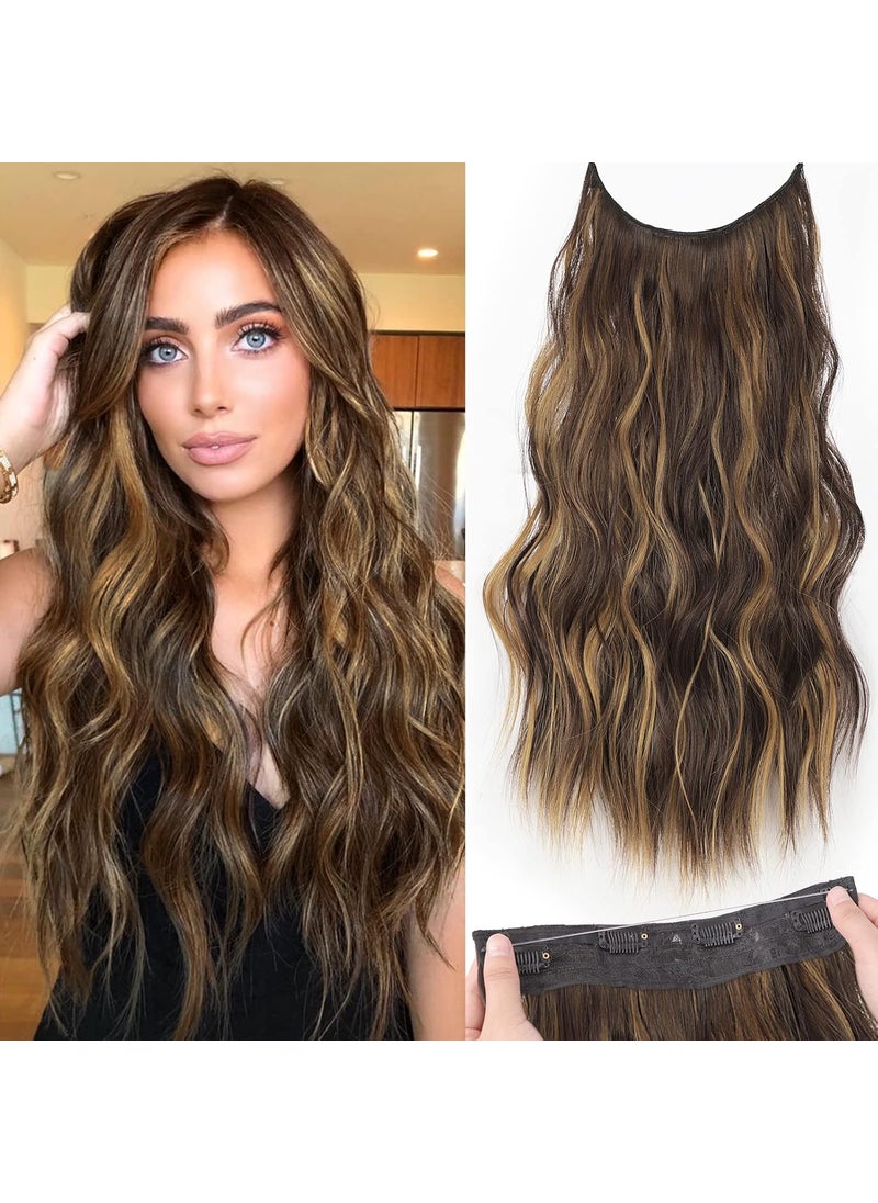KooKaStyle KooKaStyle Invisible Wire Hair Extensions with Transparent Headband Adjustable Size 4 Secure Clips Long Wavy Secret Wire Hairpiece 20 Inch Chestnut Brown with Blonde Highlights for Women 