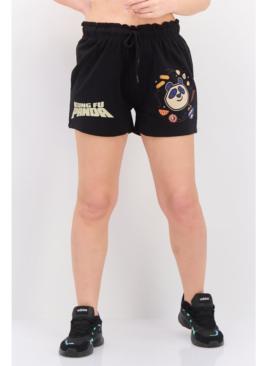 Kung Fu Panda Women Panda Print Drawstrings Basic Shorts, Black  - Image 1