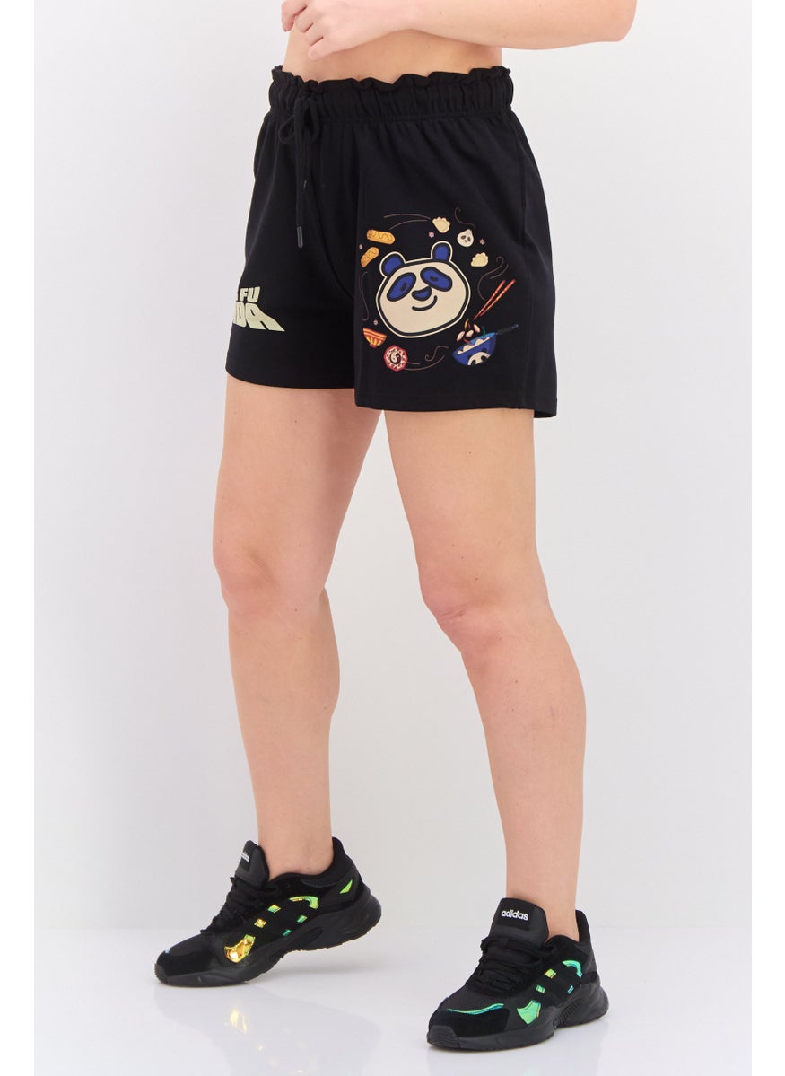 Kung Fu Panda Women Panda Print Drawstrings Basic Shorts, Black  - Image 2