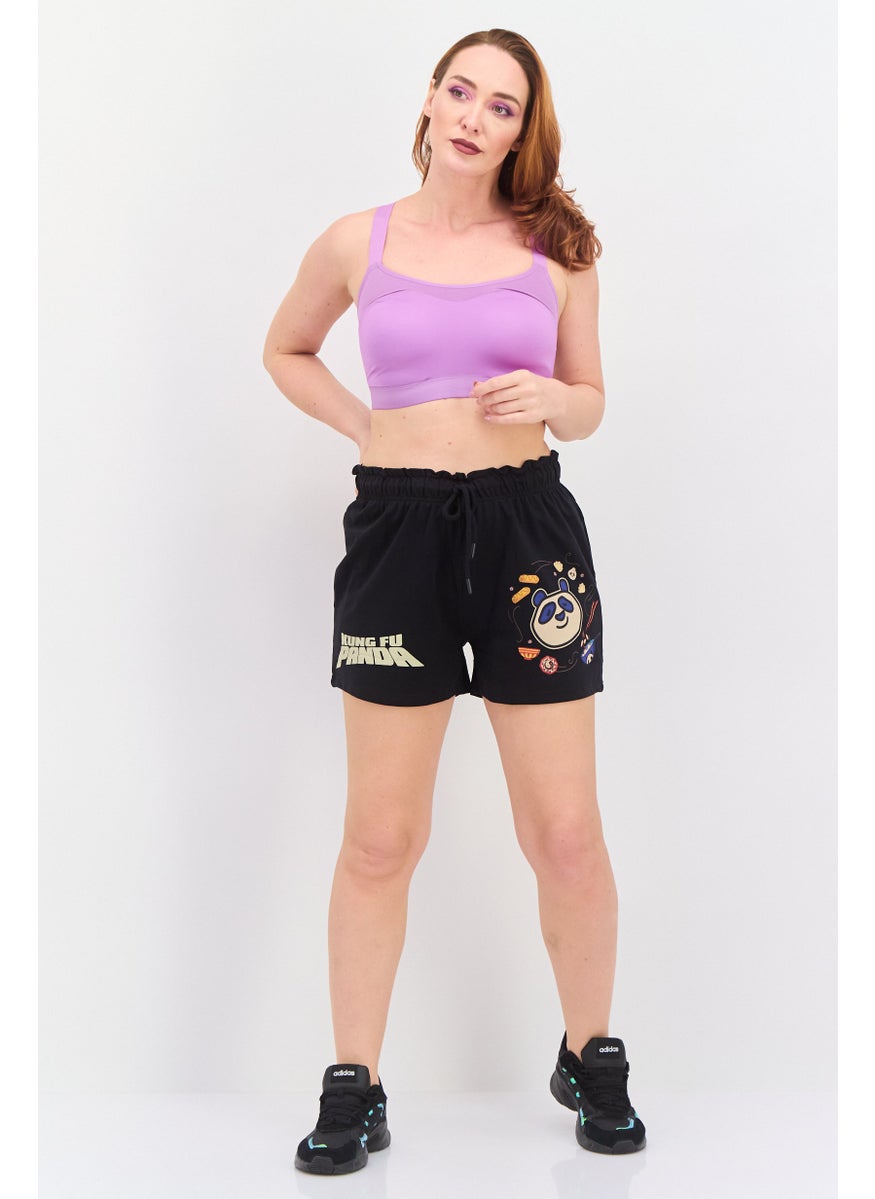 Kung Fu Panda Women Panda Print Drawstrings Basic Shorts, Black  - Image 3