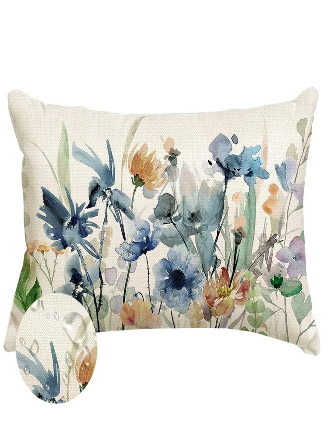 RABUSOFA Outdoor Floral Pillow Cover Waterproof 12x20,Watercolor Blue Flower Spring Summer Cushion Case Abstract Farmhouse Decoration for Home Patio Furniture - Image 1
