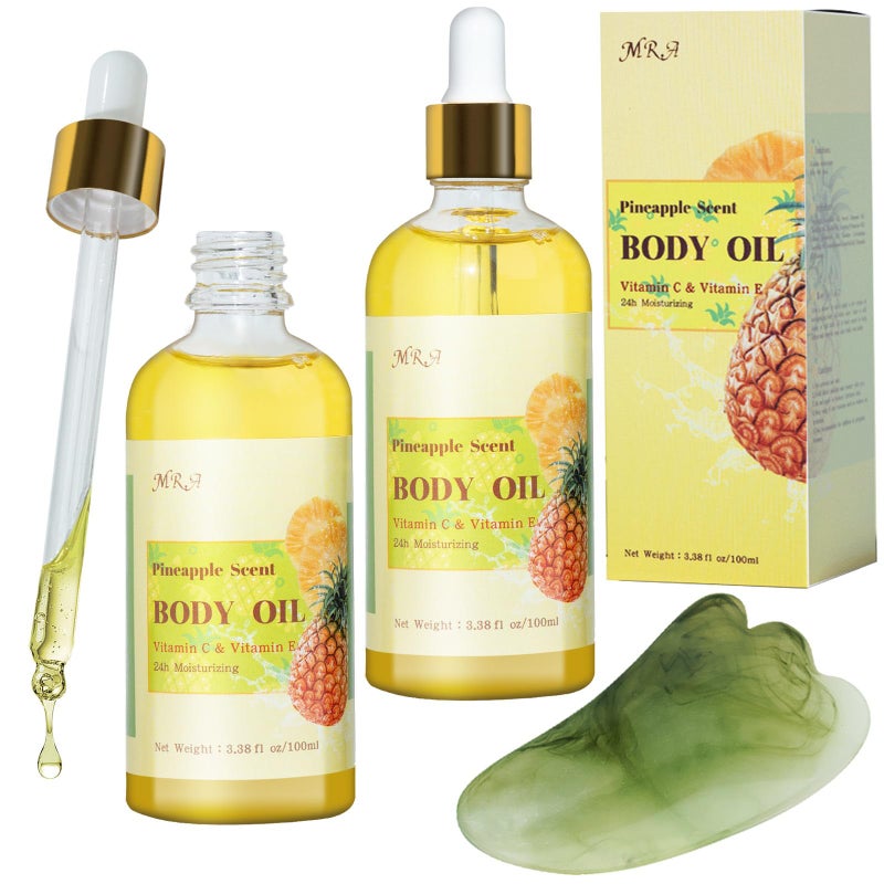 MR.A 2 Pack Pineapple Juice Scented Body Oil, Vitamin E Hydrating Body Oil, Pineapple GUASHA Oil after Shower for Dry Skin, Massage Oil with Guasha Tool - Image 1