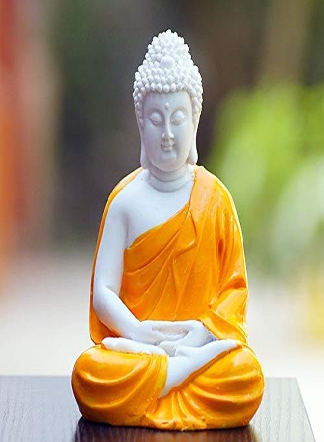 JOY LAND Handcrafted Polyresin Sitting Meditation Dhyan Buddha Statue Showpiece Lord Buddha Idol (White & Orange, 5.5-inch). - Image 1