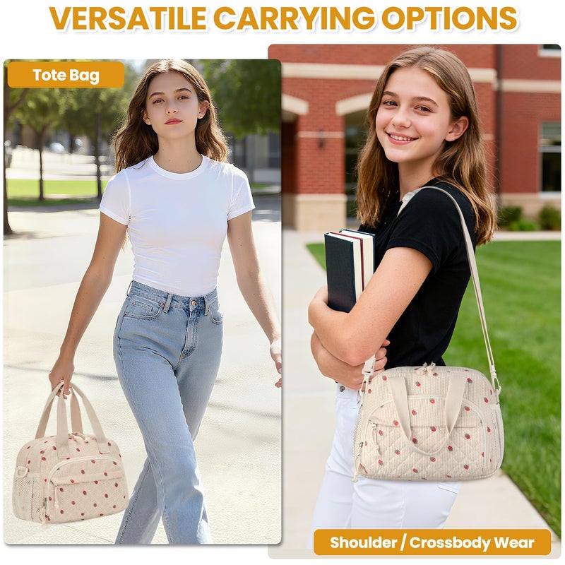 ELONGRIVER Corduroy Insulated Lunch Bag for Women Teen Girls, Portable Adult Lunch Box, Reusable Tote Cooler Bags, Lightweight Womens Lunch Bags with Front Pockets Work Picnic Travel, Beige Strawberry - Image 2