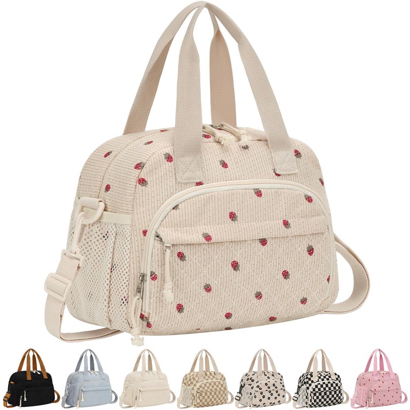 ELONGRIVER Corduroy Insulated Lunch Bag for Women Teen Girls, Portable Adult Lunch Box, Reusable Tote Cooler Bags, Lightweight Womens Lunch Bags with Front Pockets Work Picnic Travel, Beige Strawberry - Image 1